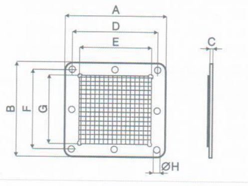 Dimensions in mm for Exhaust outlet protection grille for centrifugal C - fan range