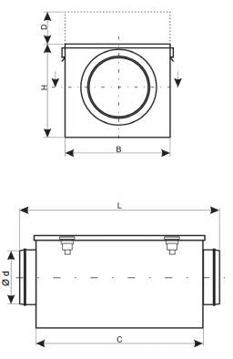 Dimensions Filter box F7 with round pipe connection in various sizes